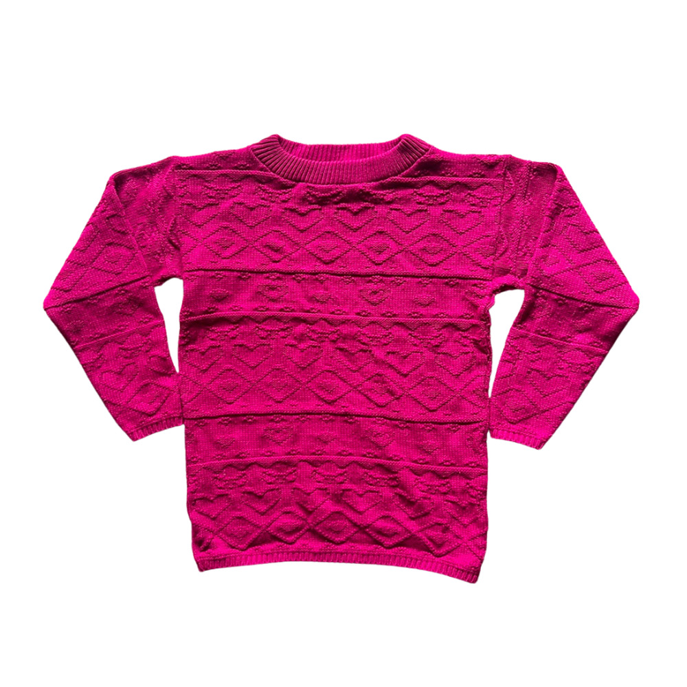 Vtg 80s Red Camel Girls Knit Sweater 5/6 Raspberry Pink Geometric Vibrant Cozy